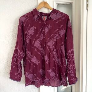 NWT Johnny Was Embroidered Floral Daiso Button Up Scallop Long Sleeve Blouse